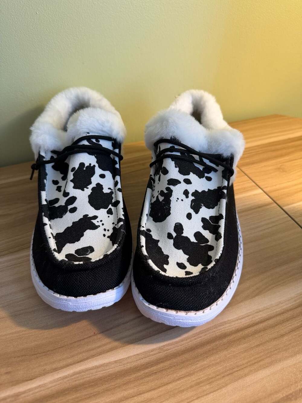 Wendy Boho Cow Print Canvas Shoes with Faux Fur Lining